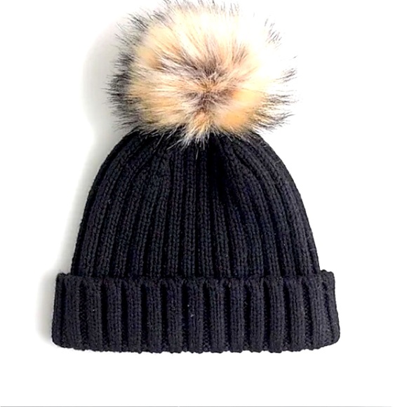 J. Crew Black Knit Hat with faux fur Pom-Pom